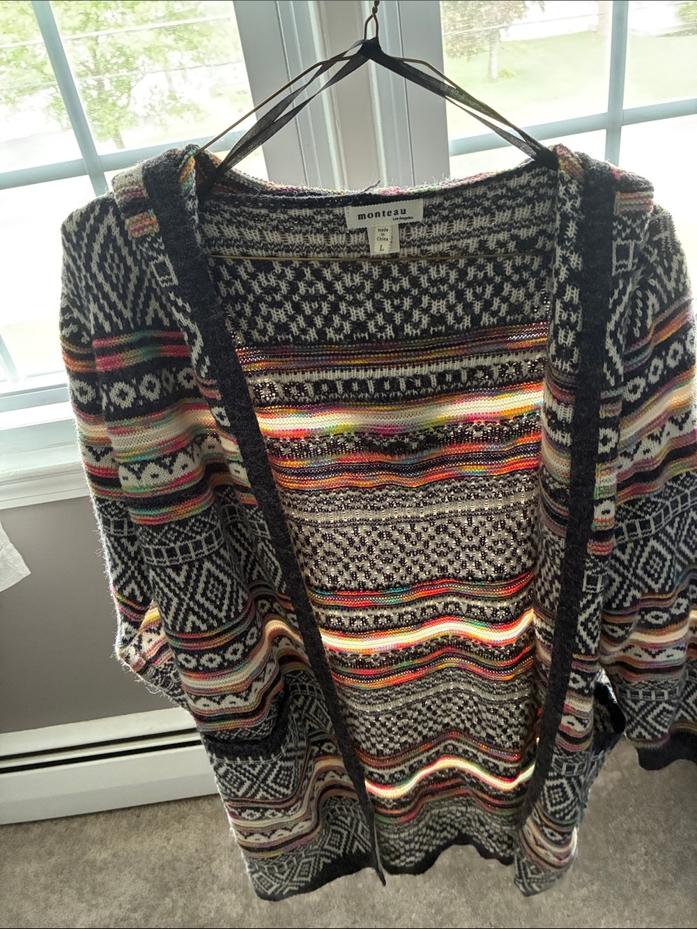 Monteau Black & Cream Open Knit Cardigan with Bright Stripe Accents